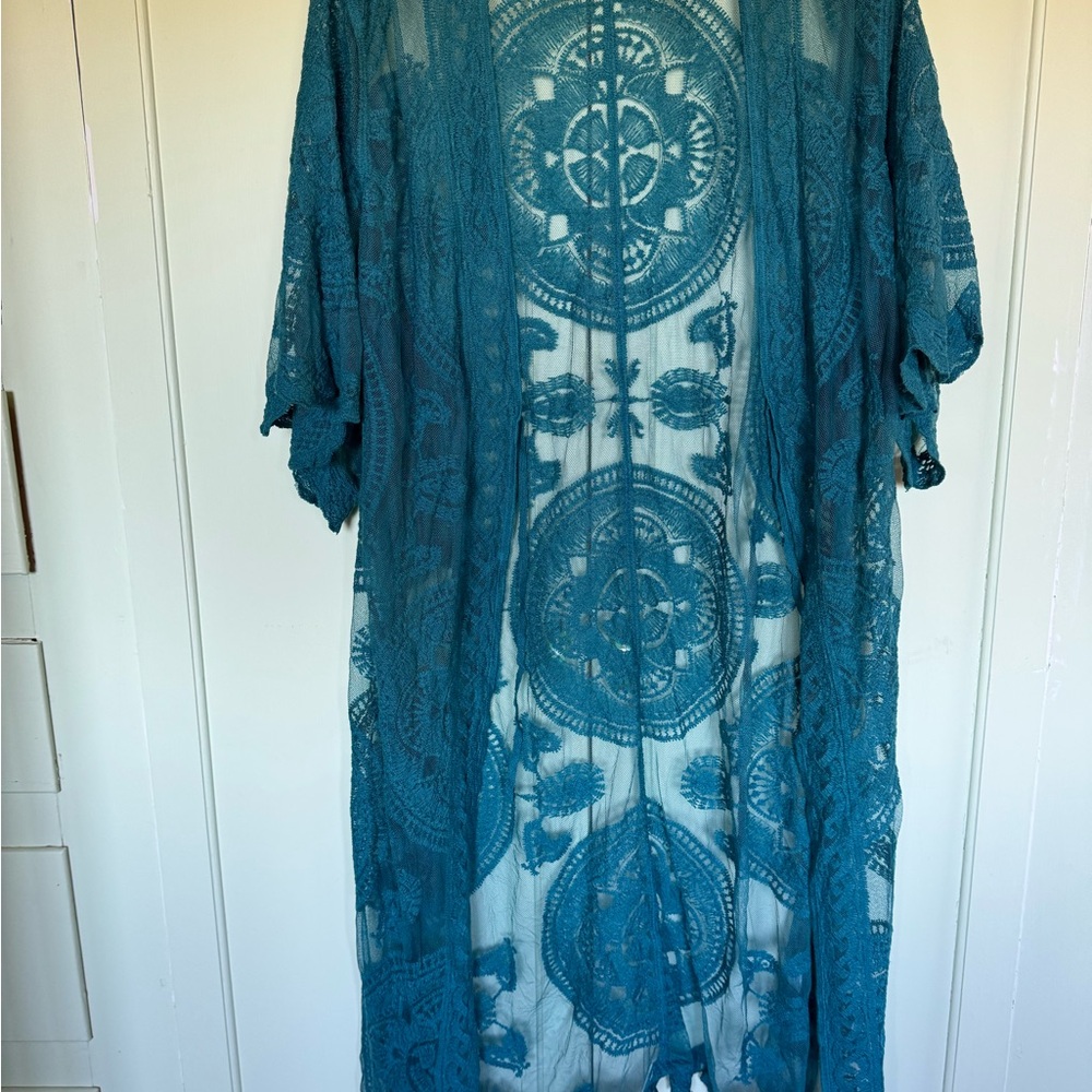 Teal Lace Kimono Cardigan